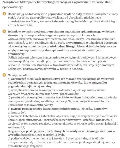 Zarządzenie Metropolity Katowickiego w związku z wprowadzeniem stanu epidemicznego