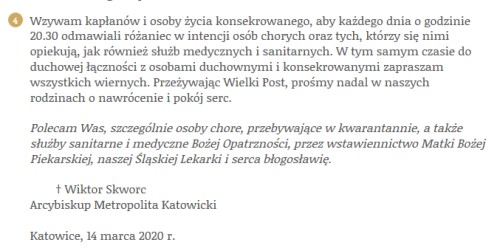 Zarządzenie Metropolity Katowickiego w związku z wprowadzeniem stanu epidemicznego